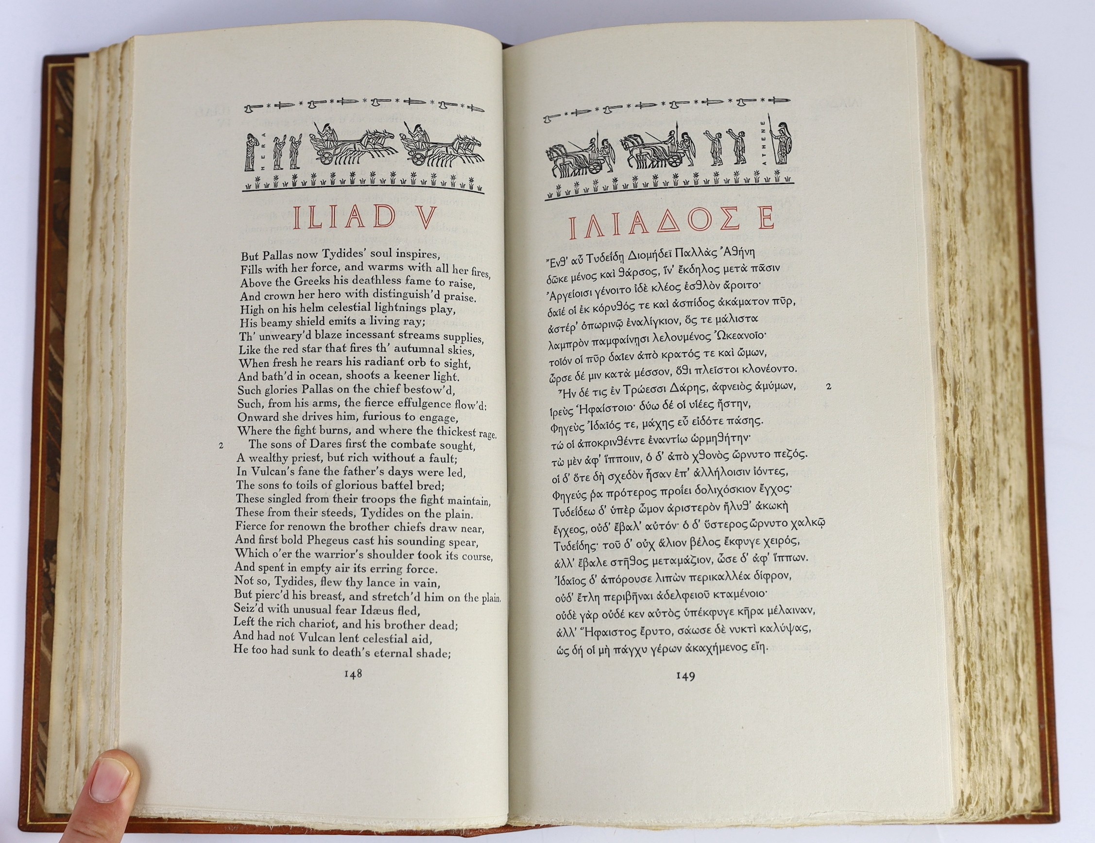 Nonesuch Press - London - Homer - The Iliad [and] The Odyssey, one of 1450 & 1300, 2 vols, translated by Alexander Pope, 8vo, original orange Niger gilt, wood-engraved head pieces by Rudolf Koch, parallel text in Greek &